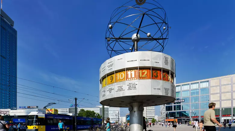 View world time clock at Alexanderplatz in Berlin during nice weather