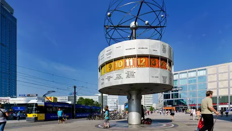 View world time clock at Alexanderplatz in Berlin during nice weather